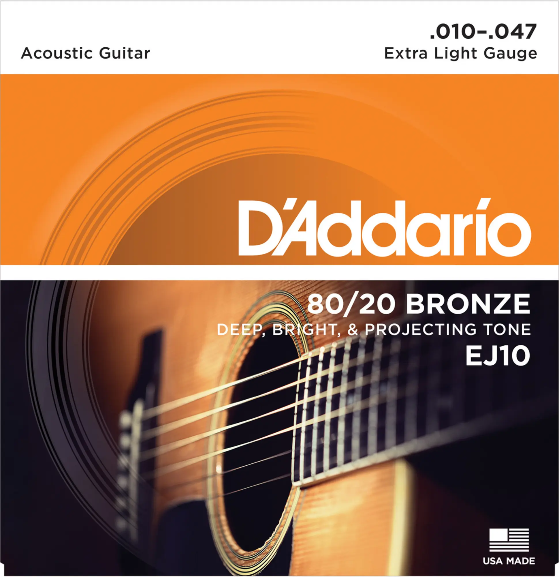 Струны для акустической гитары Extra Light 10-47, 80/20, D`Addario EJ10 (1 / 2)