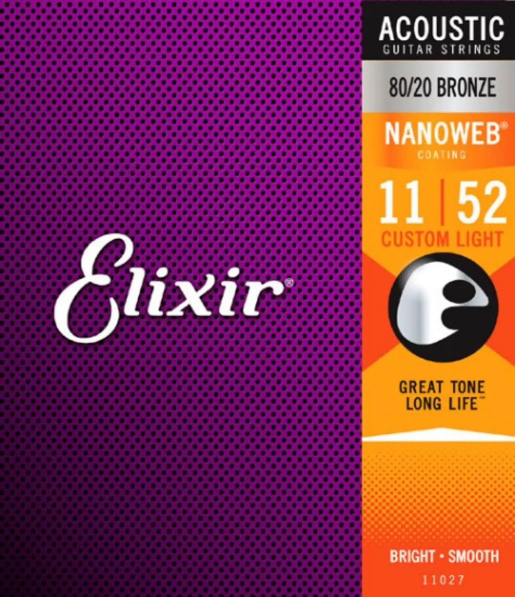 Комплект струн для акустической гитары, Custom Light, бронза 80/20, 11-52, NANOWEB, Elixir 11027 (1 / 1)