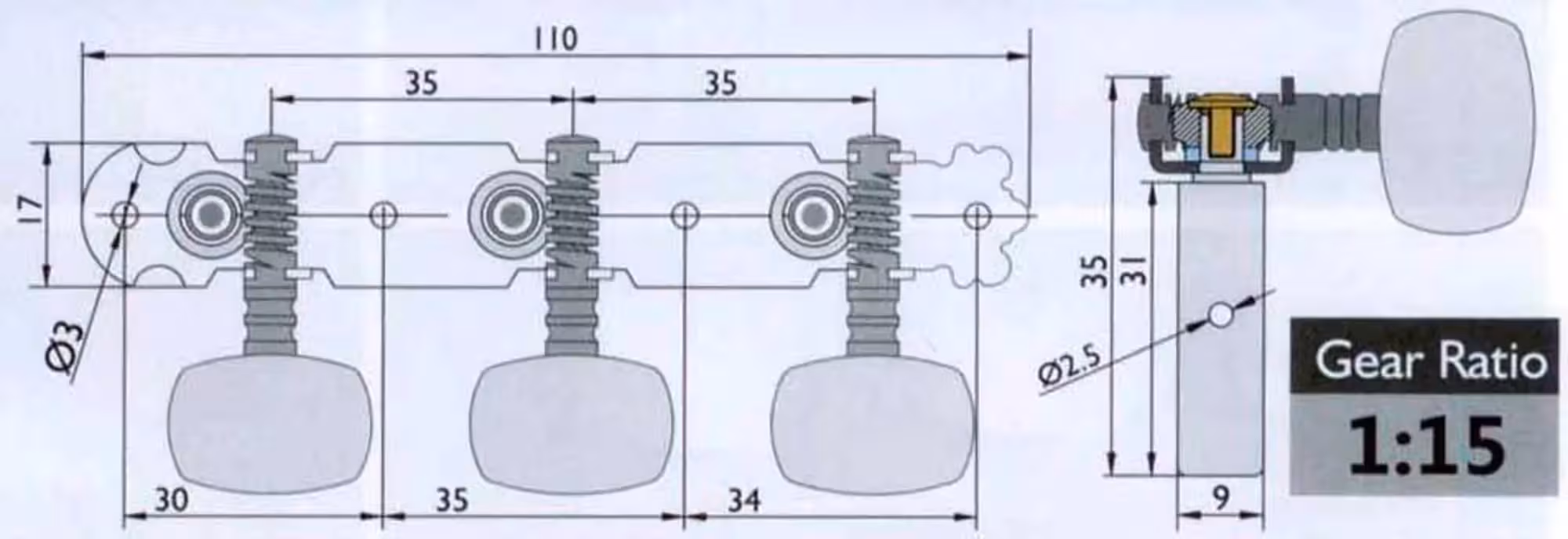 Комплект колковой механики на планке без втулки 35мм Alice AOD-017A(W) (2 / 2)