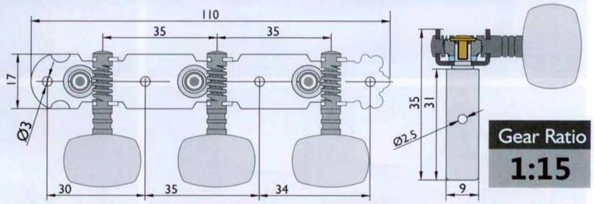 Комплект колковой механики на планке без втулки 35мм Alice AOD-017A(W) (2 / 2)