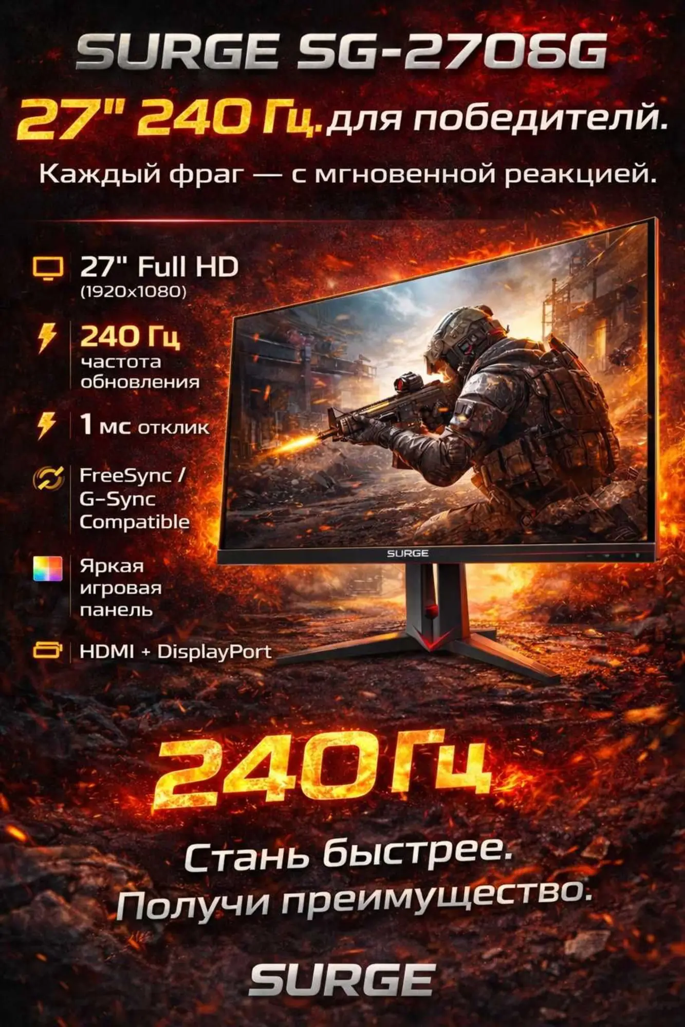 Великолепный Игровой Монитор Surge 27 дюймов 240 HZ SG-2708 (1 / 2)