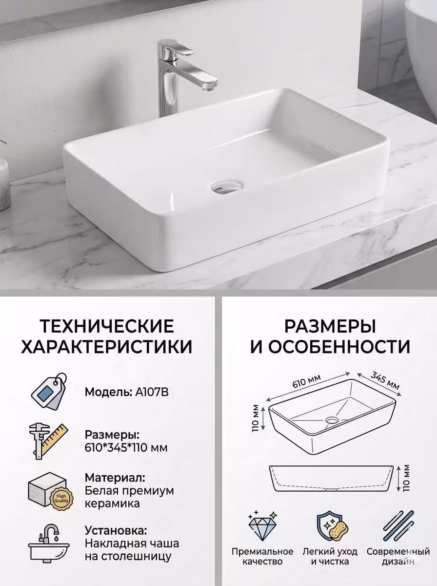 Раковина на столешницу накладная белая / выгодно - со склада (4 / 5)