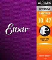 Комплект струн для акустической гитары, Extra Light, бронза 80/20, 10-47, NANOWEB, Elixir 11002