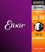 Комплект струн для акустической гитары, Custom Light, бронза 80/20, 11-52, NANOWEB, Elixir 11027